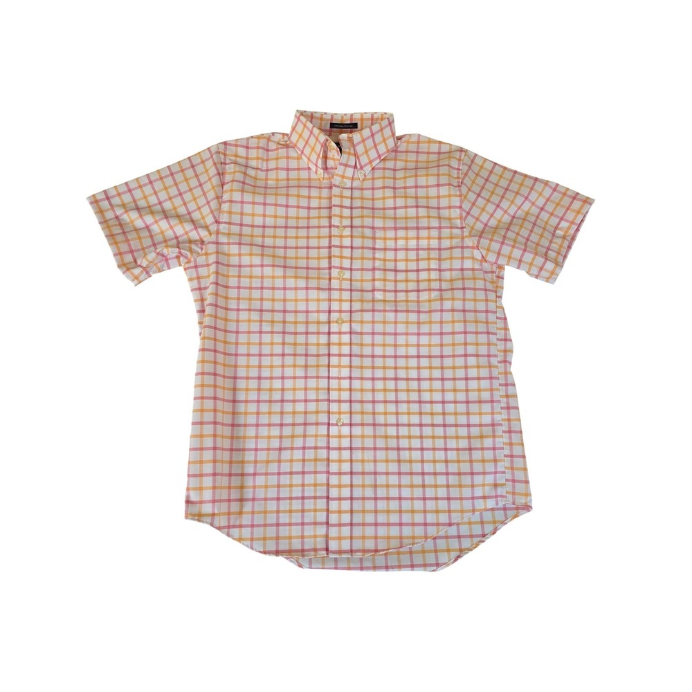 Lands End‎ Button Down Original Oxford Plaid Short Sleeve 15.5 Orange Pink Prep